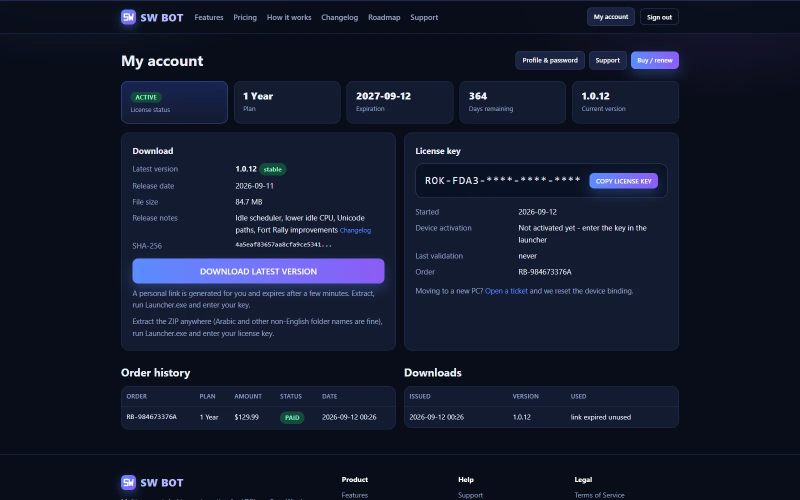 SW BOT - Customer Dashboard